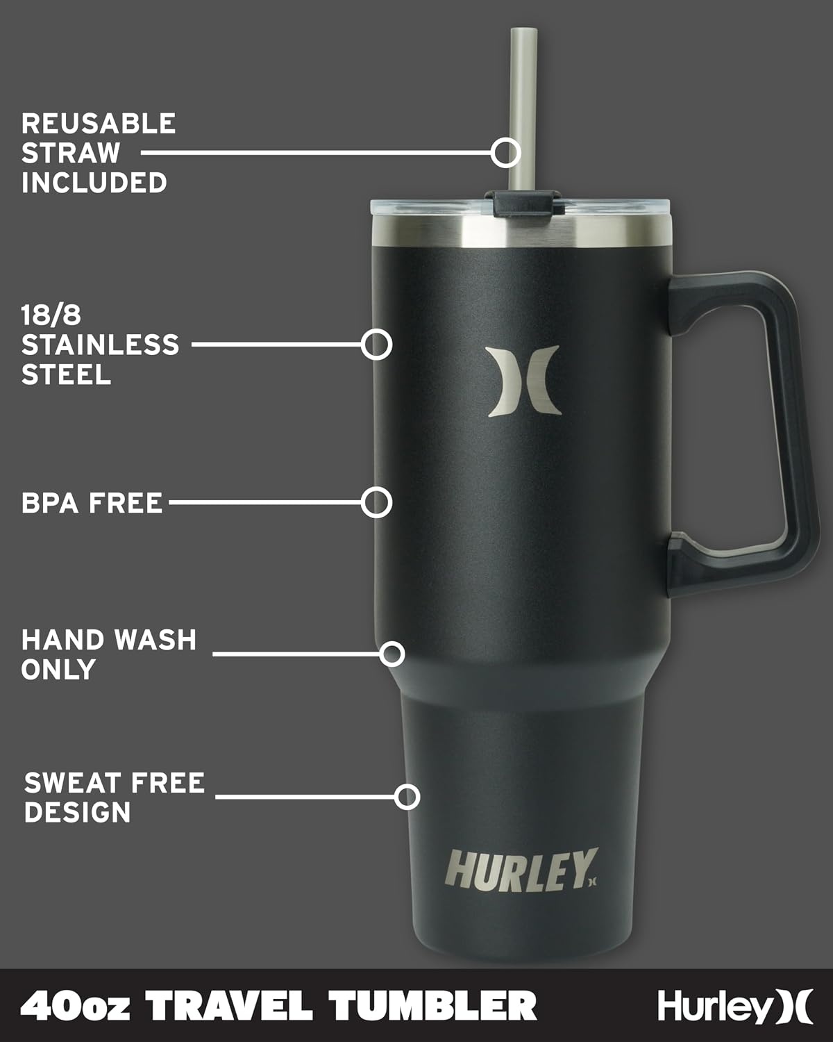 Hurley Tumbler Thermos – 40oz Double Wall Vacuum Insulated Travel Mug with Handle – BPA Free Stainless Steel Water Bottle – Leak Proof Hot and Cold Coffee Car Cup, Size 40 Ounces, Black