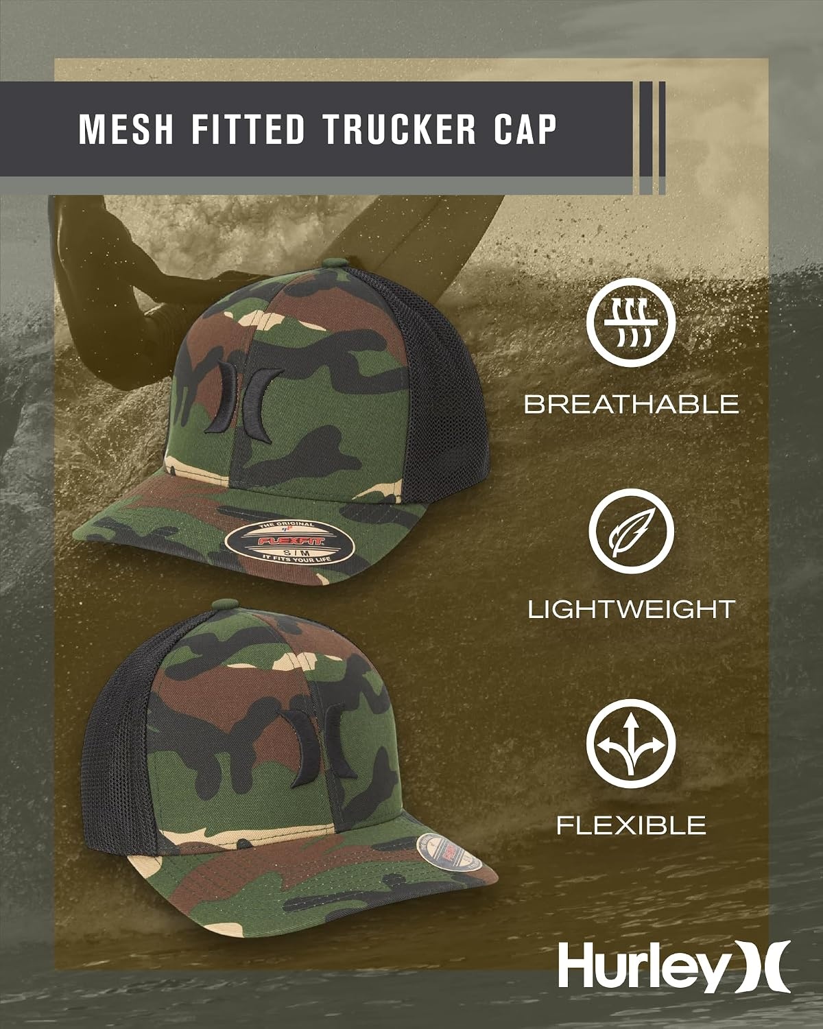 Hurley Mens Baseball Cap – Laguna Icon Mesh Stretch Trucker Hat with Curved Brim – Lightweight Breathable Fitted Hats for Men(Camo)