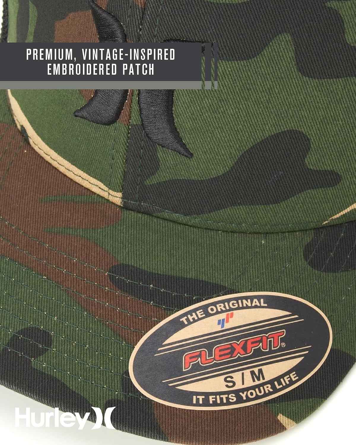 Hurley Mens Baseball Cap – Laguna Icon Mesh Stretch Trucker Hat with Curved Brim – Lightweight Breathable Fitted Hats for Men(Camo)