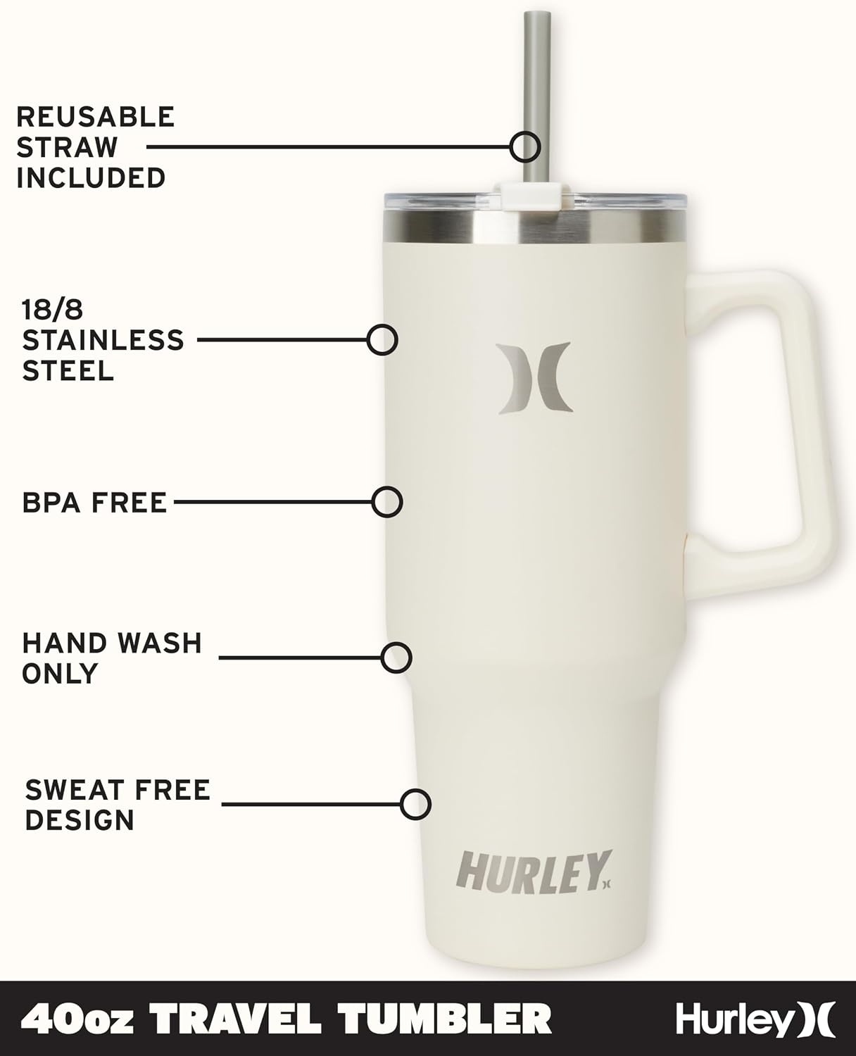 Hurley Tumbler Thermos – 40oz Double Wall Vacuum Insulated Travel Mug with Handle – BPA Free Stainless Steel Water Bottle – Leak Proof Hot and Cold Coffee Car Cup, Size 40 Ounces, Ivory