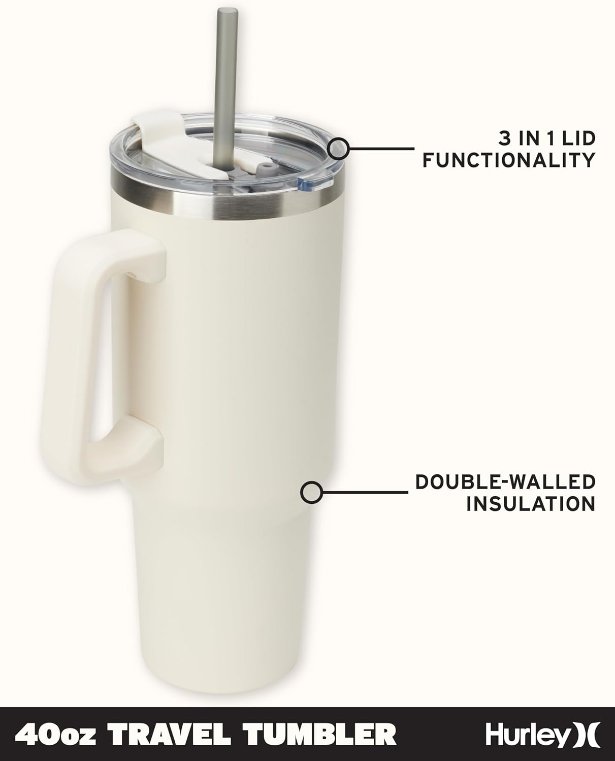 Hurley Tumbler Thermos – 40oz Double Wall Vacuum Insulated Travel Mug with Handle – BPA Free Stainless Steel Water Bottle – Leak Proof Hot and Cold Coffee Car Cup, Size 40 Ounces, Ivory