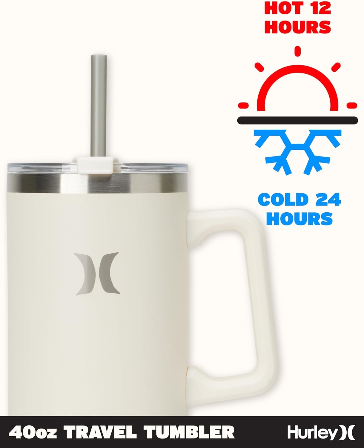 Hurley Tumbler Thermos – 40oz Double Wall Vacuum Insulated Travel Mug with Handle – BPA Free Stainless Steel Water Bottle – Leak Proof Hot and Cold Coffee Car Cup, Size 40 Ounces, Ivory