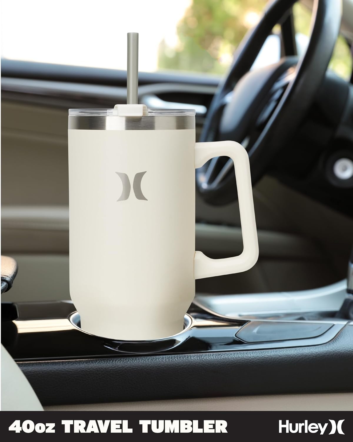 Hurley Tumbler Thermos – 40oz Double Wall Vacuum Insulated Travel Mug with Handle – BPA Free Stainless Steel Water Bottle – Leak Proof Hot and Cold Coffee Car Cup, Size 40 Ounces, Ivory