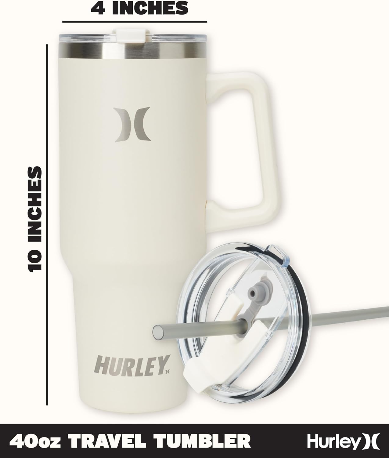 Hurley Tumbler Thermos – 40oz Double Wall Vacuum Insulated Travel Mug with Handle – BPA Free Stainless Steel Water Bottle – Leak Proof Hot and Cold Coffee Car Cup, Size 40 Ounces, Ivory