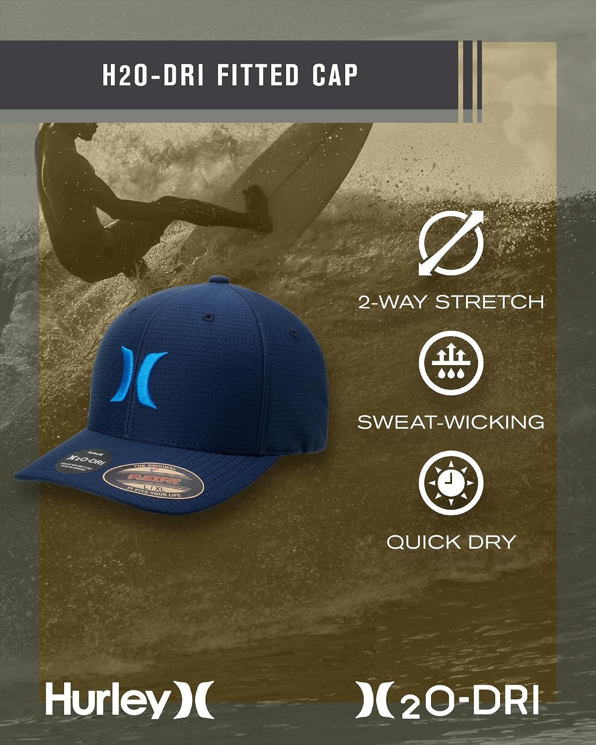 Hurley Men’s Baseball Cap – Lightweight Curved Bill H2O Dri Fitted Caps for Men(Blue)
