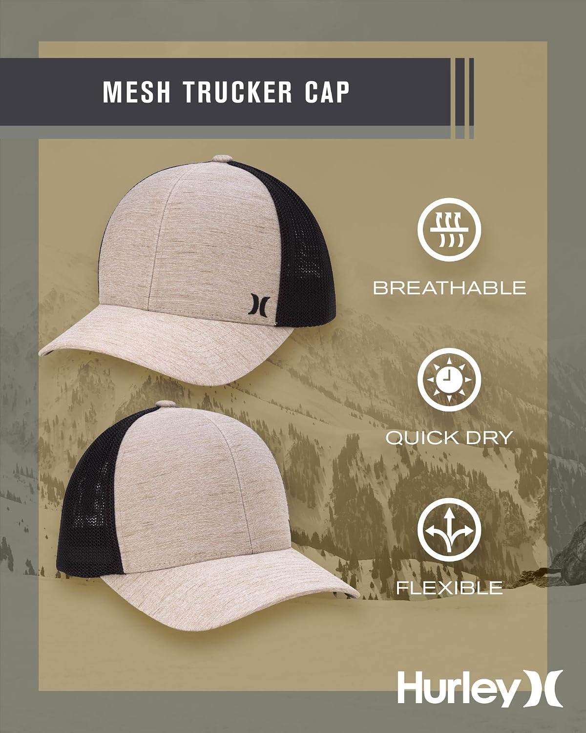 Hurley Men’s Caps – Mini Icon Mesh Panel Baseball Cap – Fitted Hats for Men(Wheat)