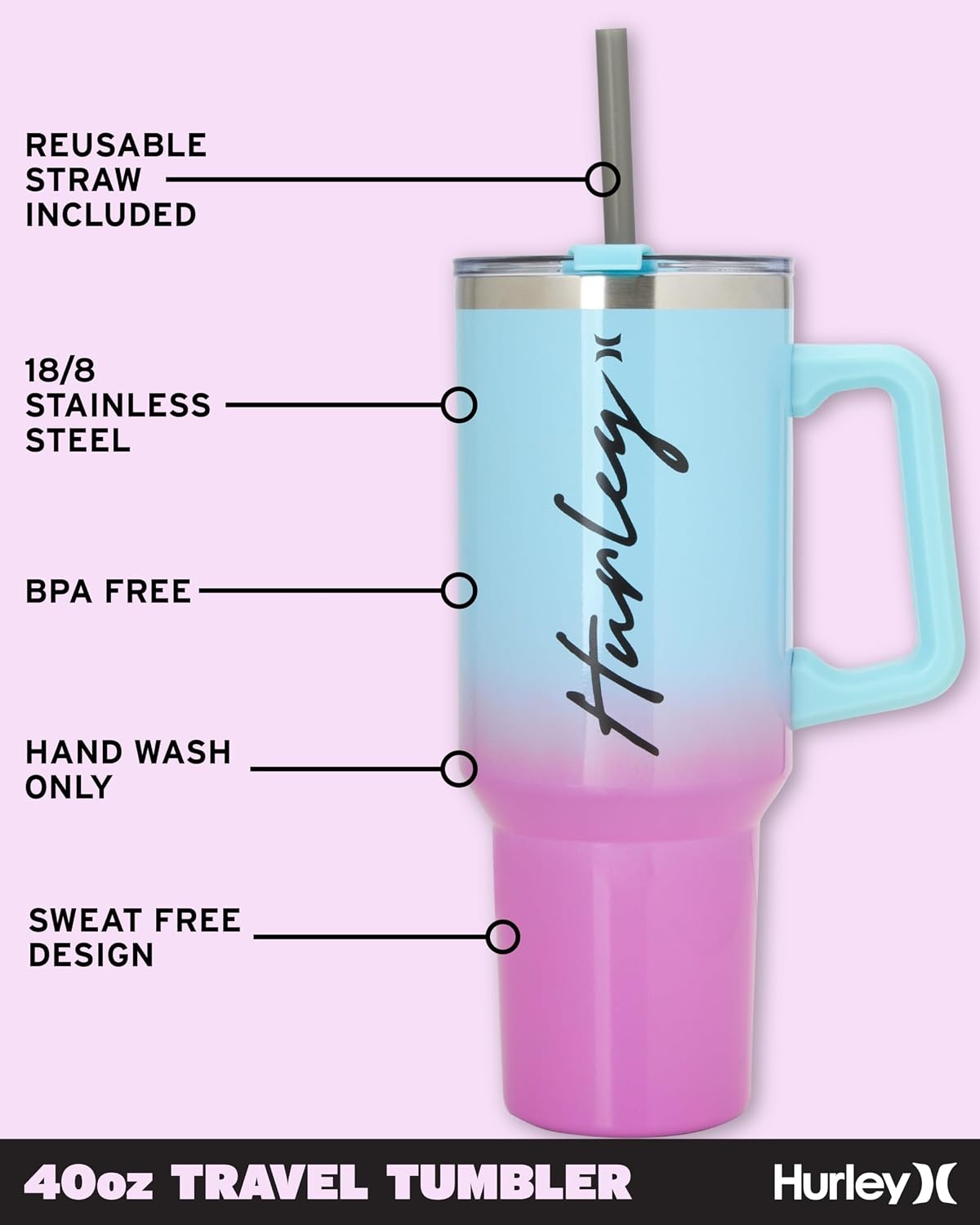 Hurley Tumbler Thermos – 40oz Double Wall Vacuum Insulated Travel Mug with Handle – BPA Free Stainless Steel Water Bottle – Leak Proof Hot and Cold Coffee Car Cup, Size 40 Ounces, Pink Ice