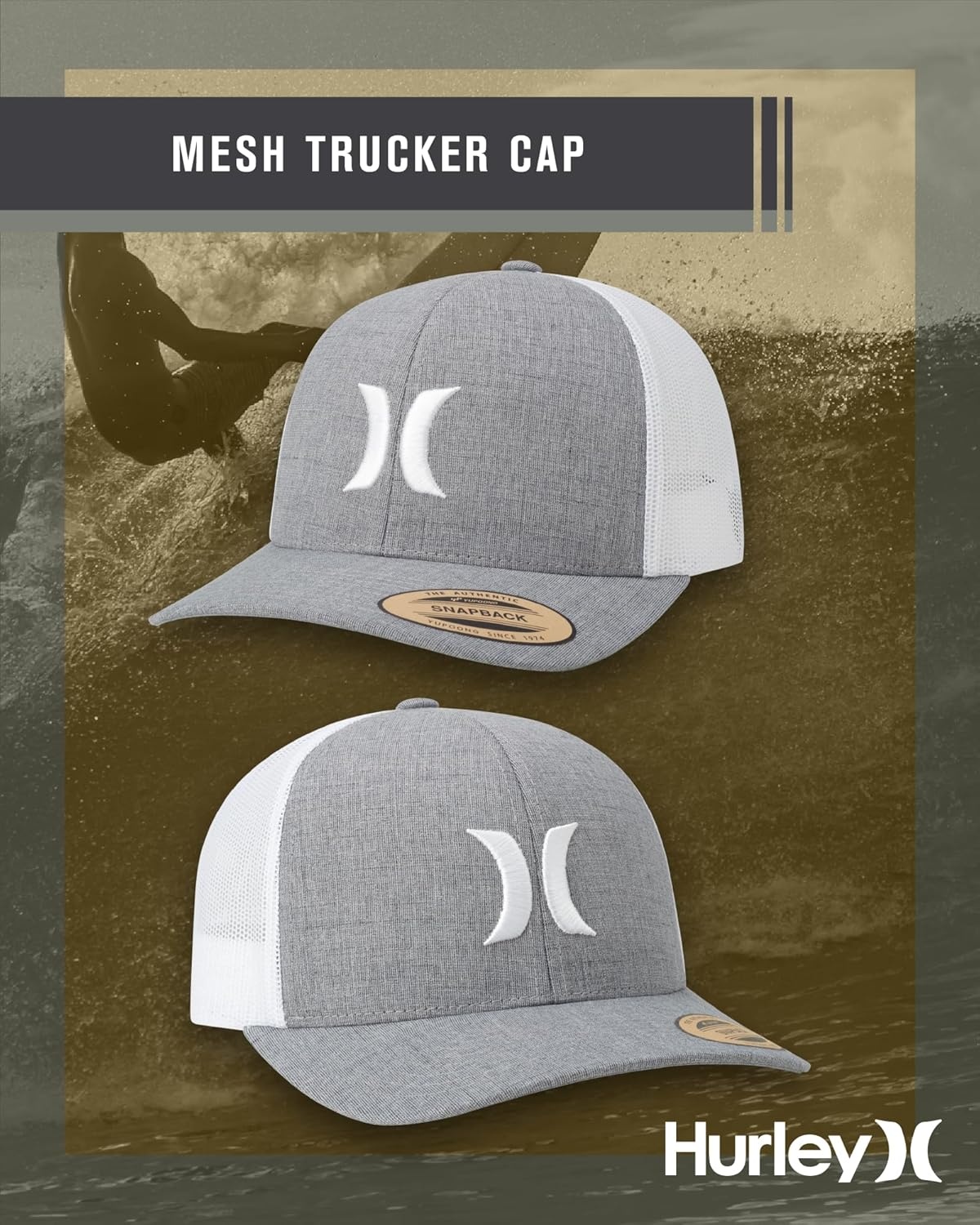 Hurley Mens Caps – Del Mar Mesh Panel Baseball Cap Trucker Hat – Snap Back Hats for Men(Cool Grey Heather)