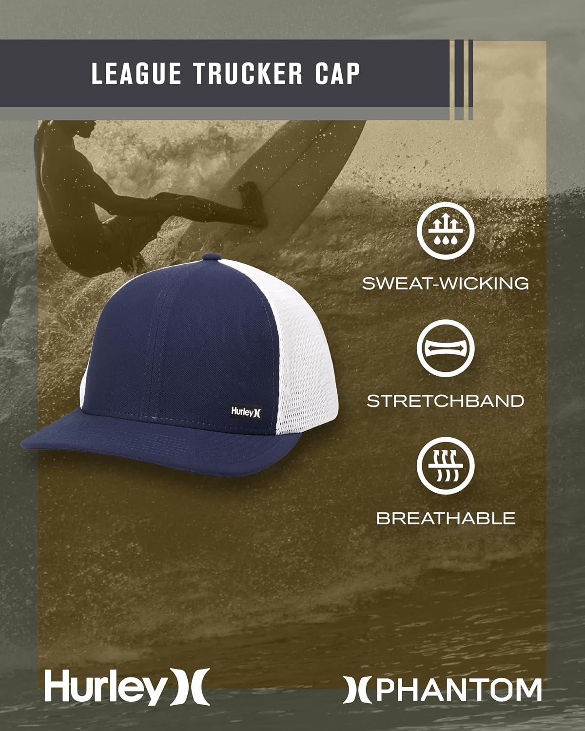 Hurley Men’s Caps – H2O-Dri League Baseball Caps for Men with Snapback Closure – Classic Mens Trucker Hats (S-XL)(Obsidian)