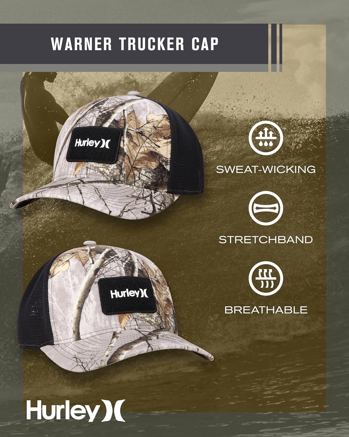 Hurley Mens Trucker Hat – Flexible Quick Dry Fairway Mesh Trucker Hat for Men with Snapback Closure – Classic Mens Caps(Reeltree Camo)