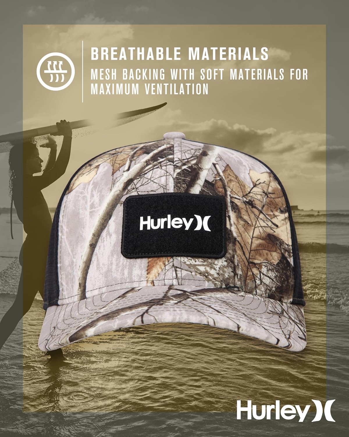 Hurley Mens Trucker Hat – Flexible Quick Dry Fairway Mesh Trucker Hat for Men with Snapback Closure – Classic Mens Caps(Reeltree Camo)