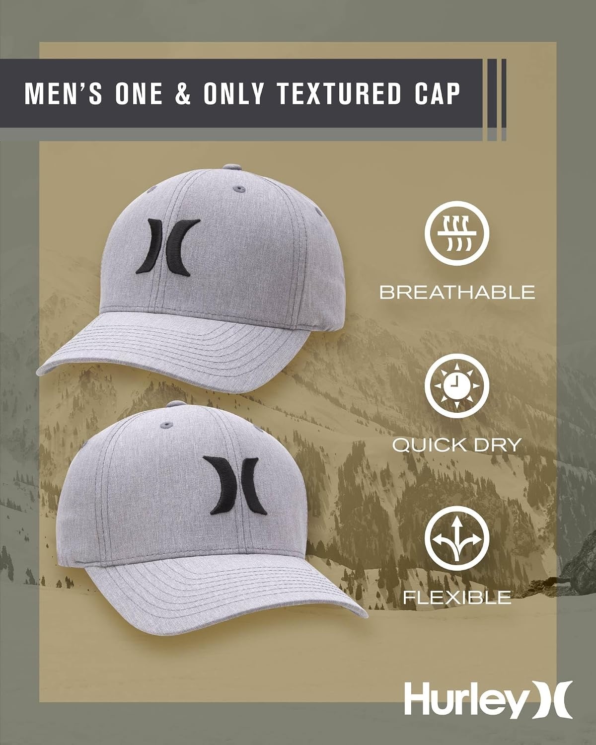 Hurley Men’s Caps – One & Only Flexfit Baseball Cap – Fitted Hats for Men (S-XL)(Light Grey)