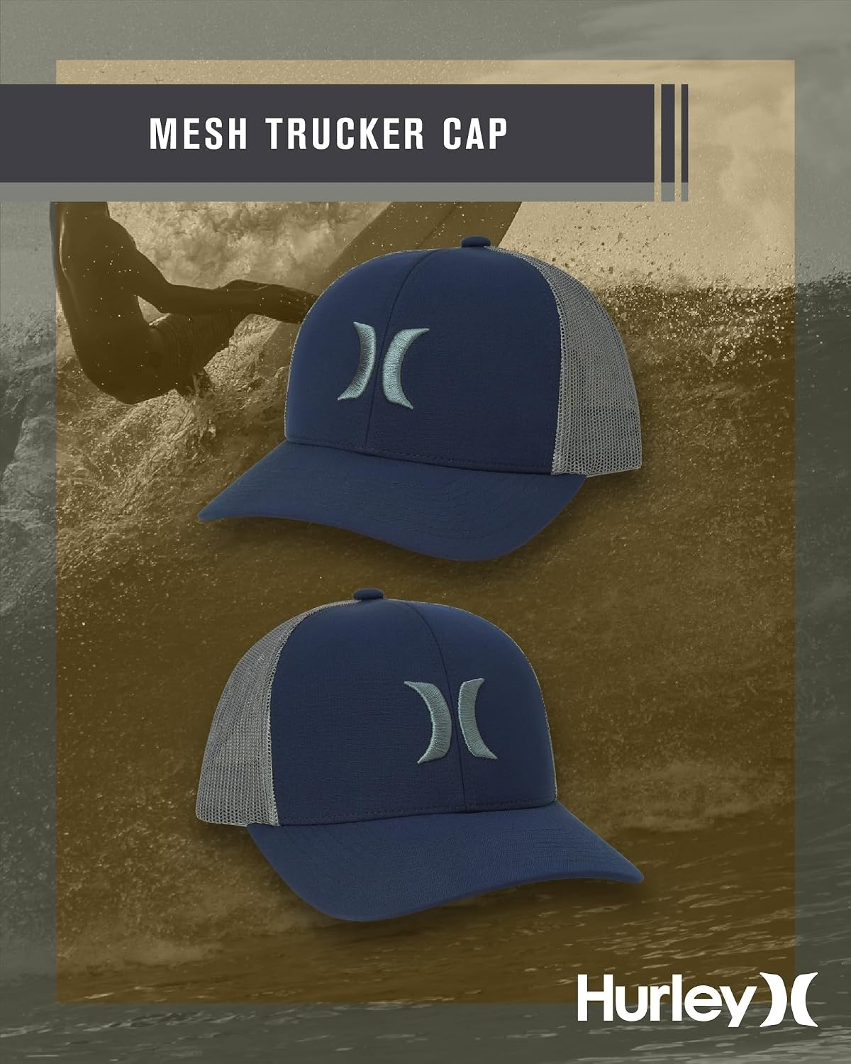 Hurley Mens Caps – Del Mar Mesh Panel Baseball Cap Trucker Hat – Snap Back Hats for Men(Navy)