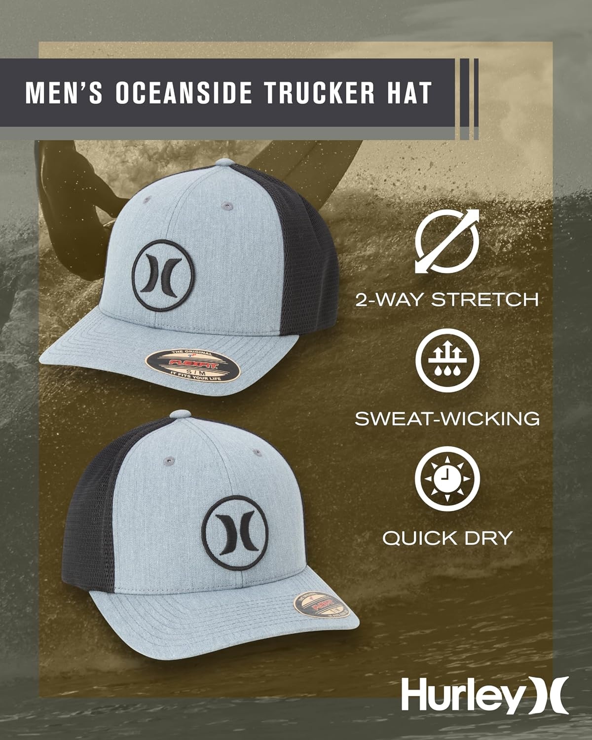 Hurley Mens Hat – Oceanside Flex Fitted Trucker Hat(Grey Heather)