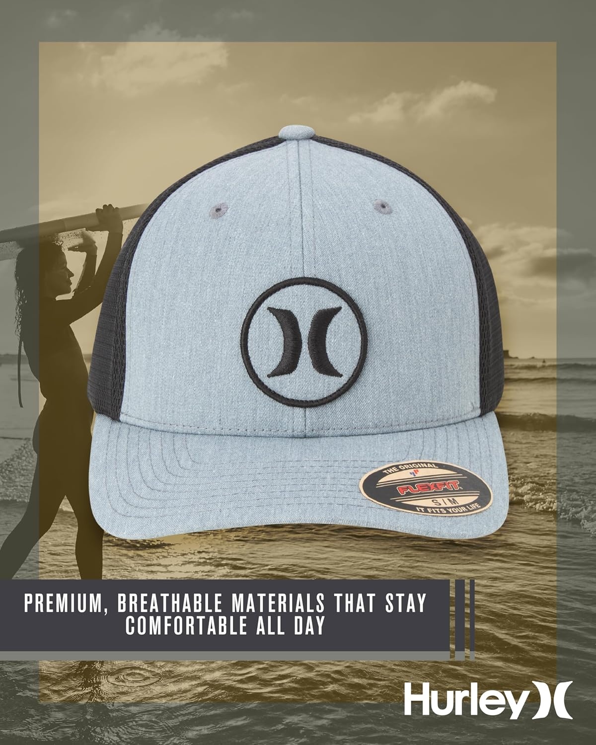 Hurley Mens Hat – Oceanside Flex Fitted Trucker Hat(Grey Heather)