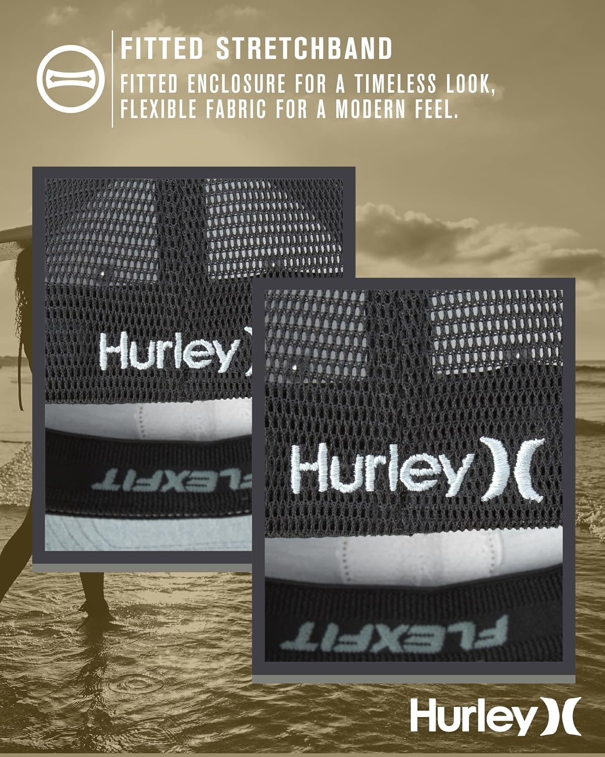 Hurley Mens Hat – Oceanside Flex Fitted Trucker Hat(Grey Heather)