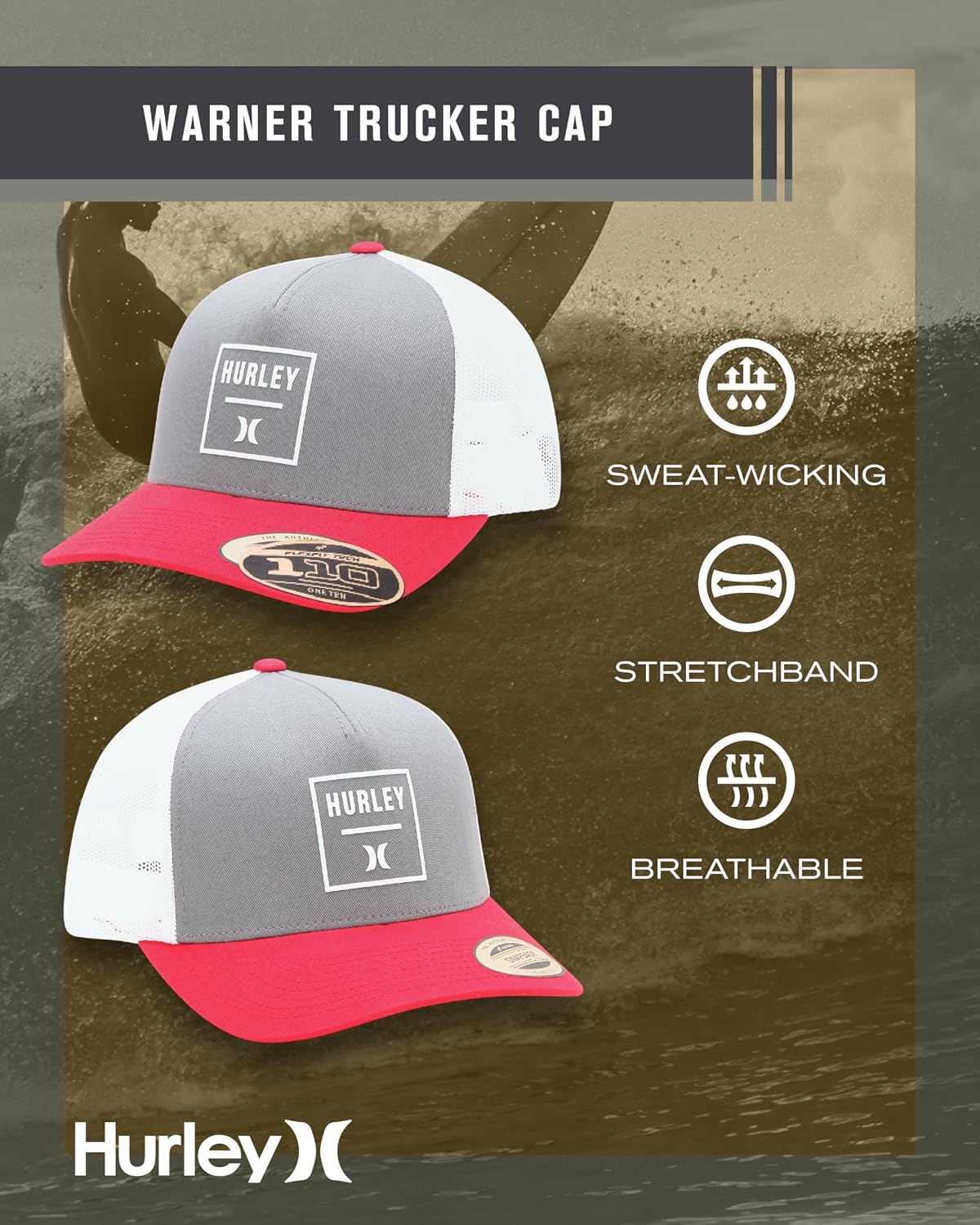 Hurley Mens Trucker Hat – Flexible Quick Dry Fairway Mesh Trucker Hat for Men with Snapback Closure – Classic Mens Caps(Dark Grey)
