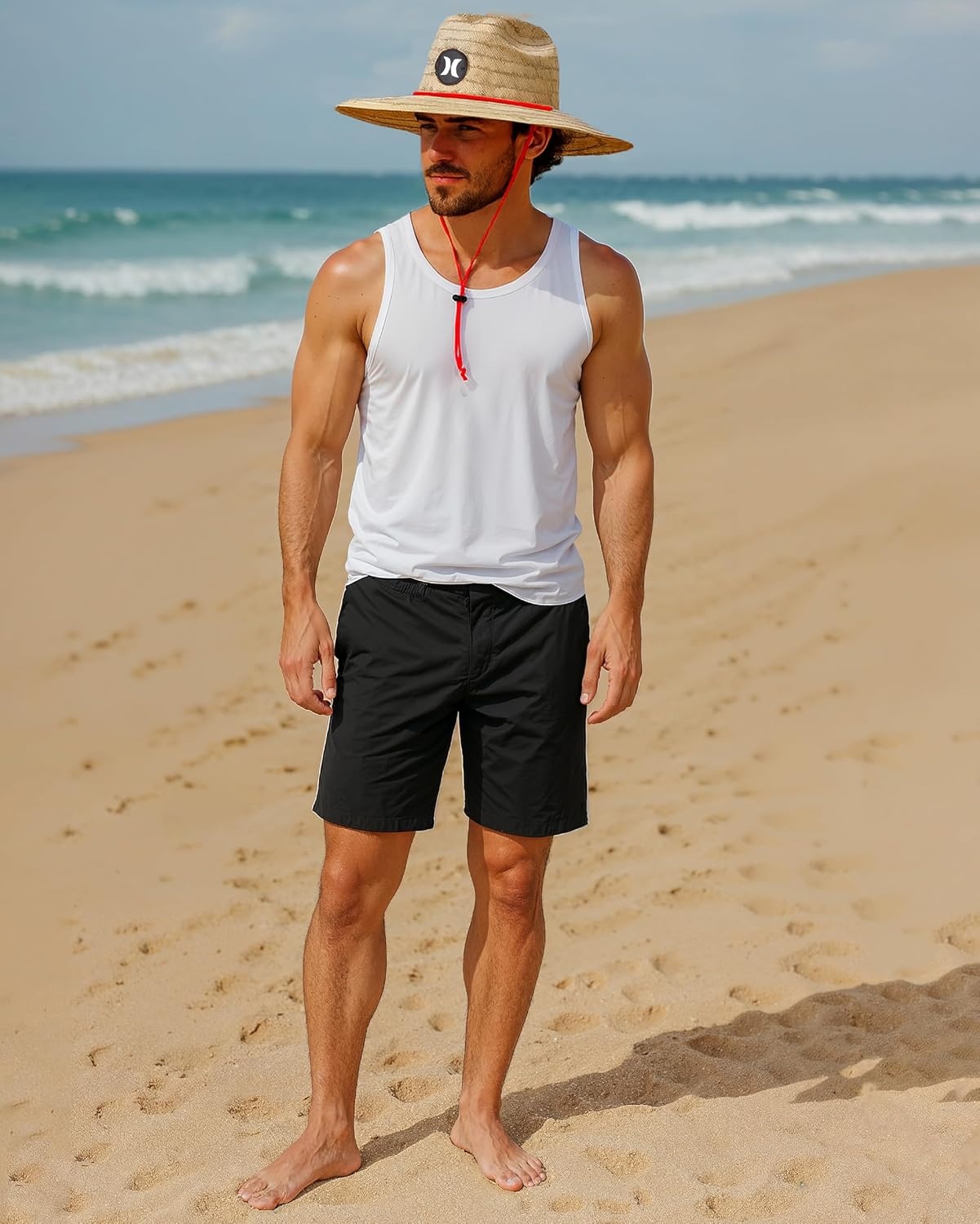 Hurley Men’s Straw Hat – Weekender Natural Straw Hat with Medium Brim and Chin Strap – Beach Fishing Sun Hats for Men(Red)