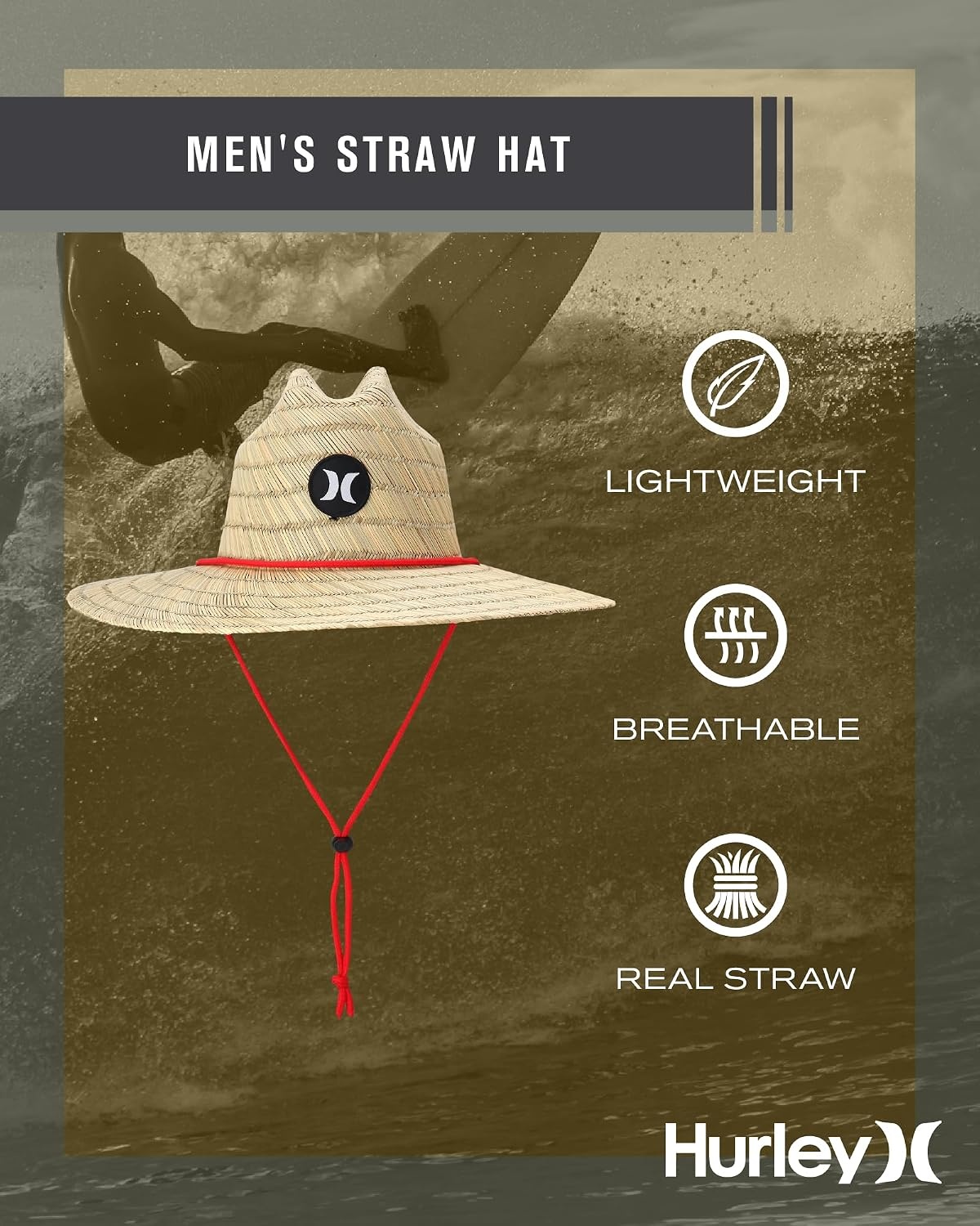 Hurley Men’s Straw Hat – Weekender Natural Straw Hat with Medium Brim and Chin Strap – Beach Fishing Sun Hats for Men(Red)
