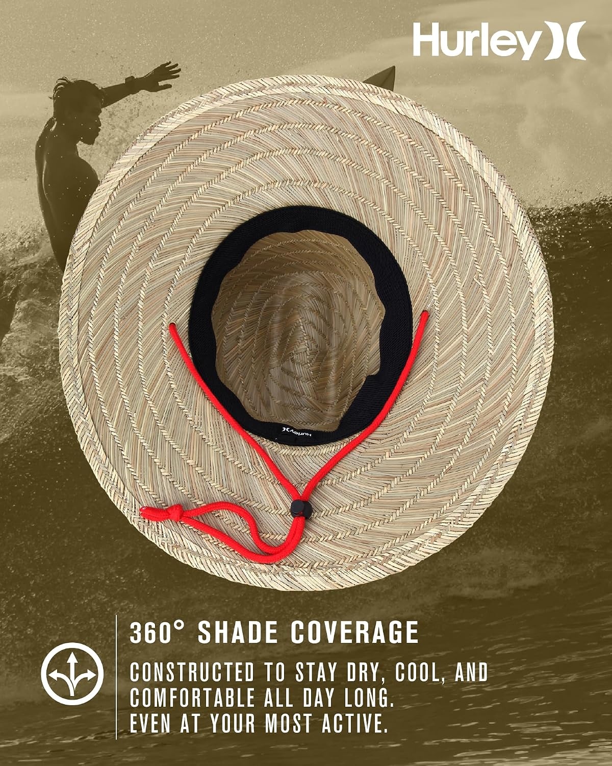 Hurley Men’s Straw Hat – Weekender Natural Straw Hat with Medium Brim and Chin Strap – Beach Fishing Sun Hats for Men(Red)