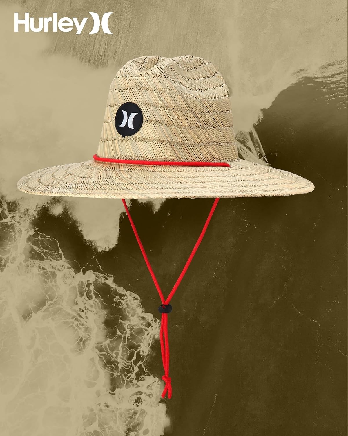 Hurley Men’s Straw Hat – Weekender Natural Straw Hat with Medium Brim and Chin Strap – Beach Fishing Sun Hats for Men(Red)