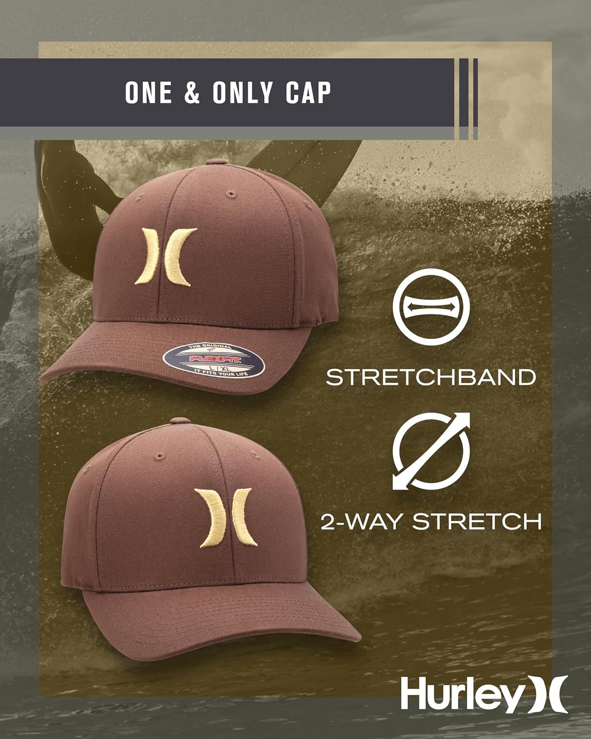 Hurley Mens Baseball Cap – Moisture Wicking Quick Dry Textured Fitted Hats for Men with Curved Brim(Cedar)