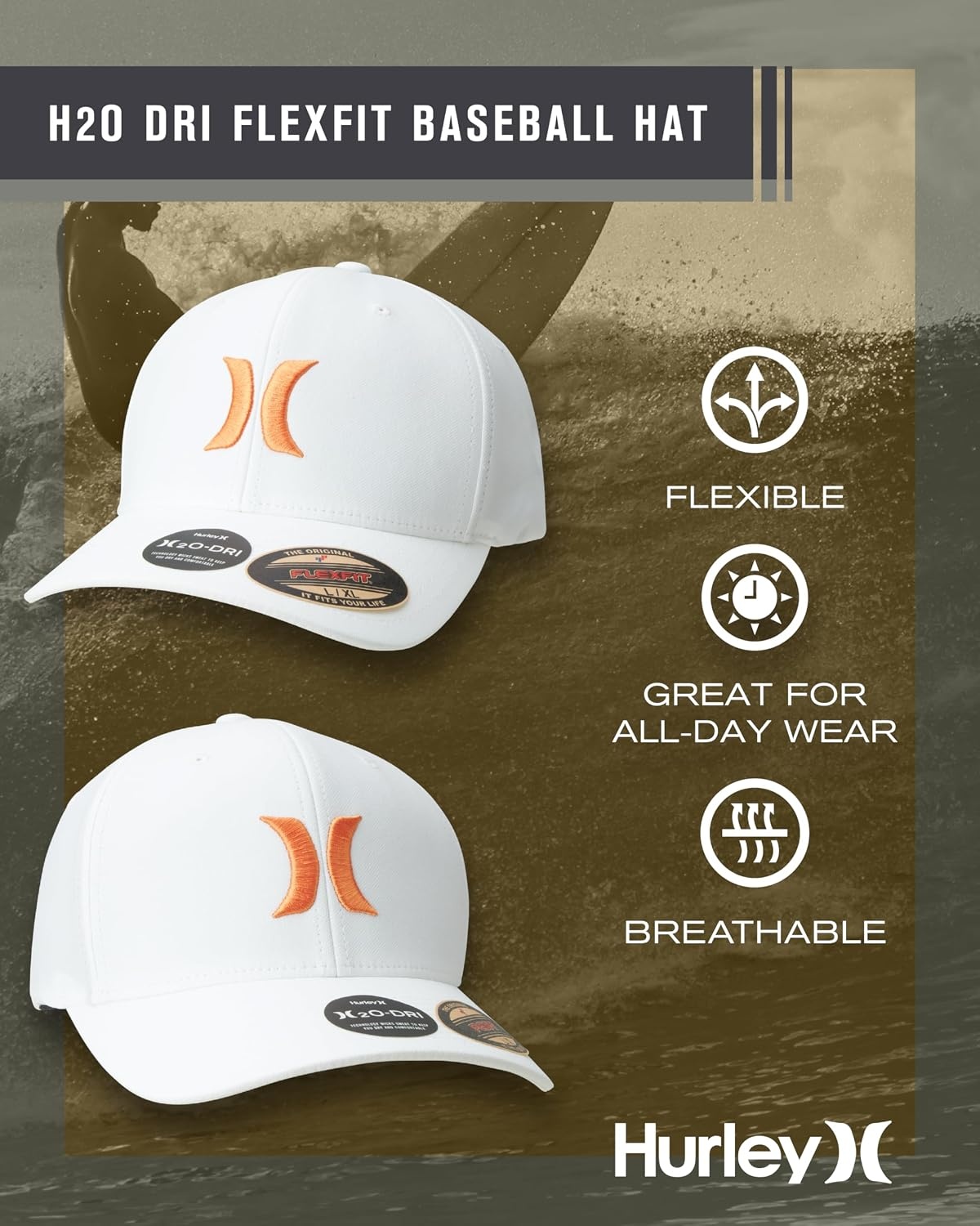 Hurley Mens Baseball Cap – Moisture Wicking Curved Brim Flexfit Fitted Hats for Men with H2O-Dri Sweatband (Sizes: S-XL)(Mantra Orange)