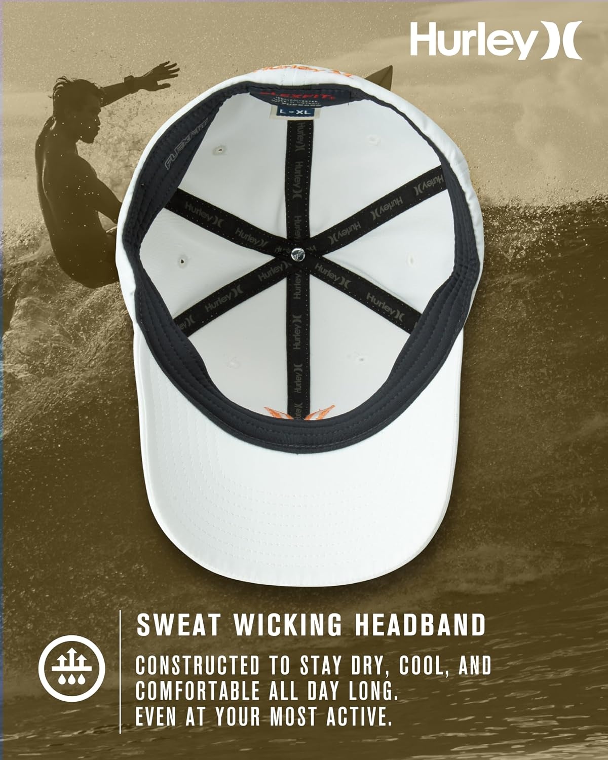 Hurley Mens Baseball Cap – Moisture Wicking Curved Brim Flexfit Fitted Hats for Men with H2O-Dri Sweatband (Sizes: S-XL)(Mantra Orange)