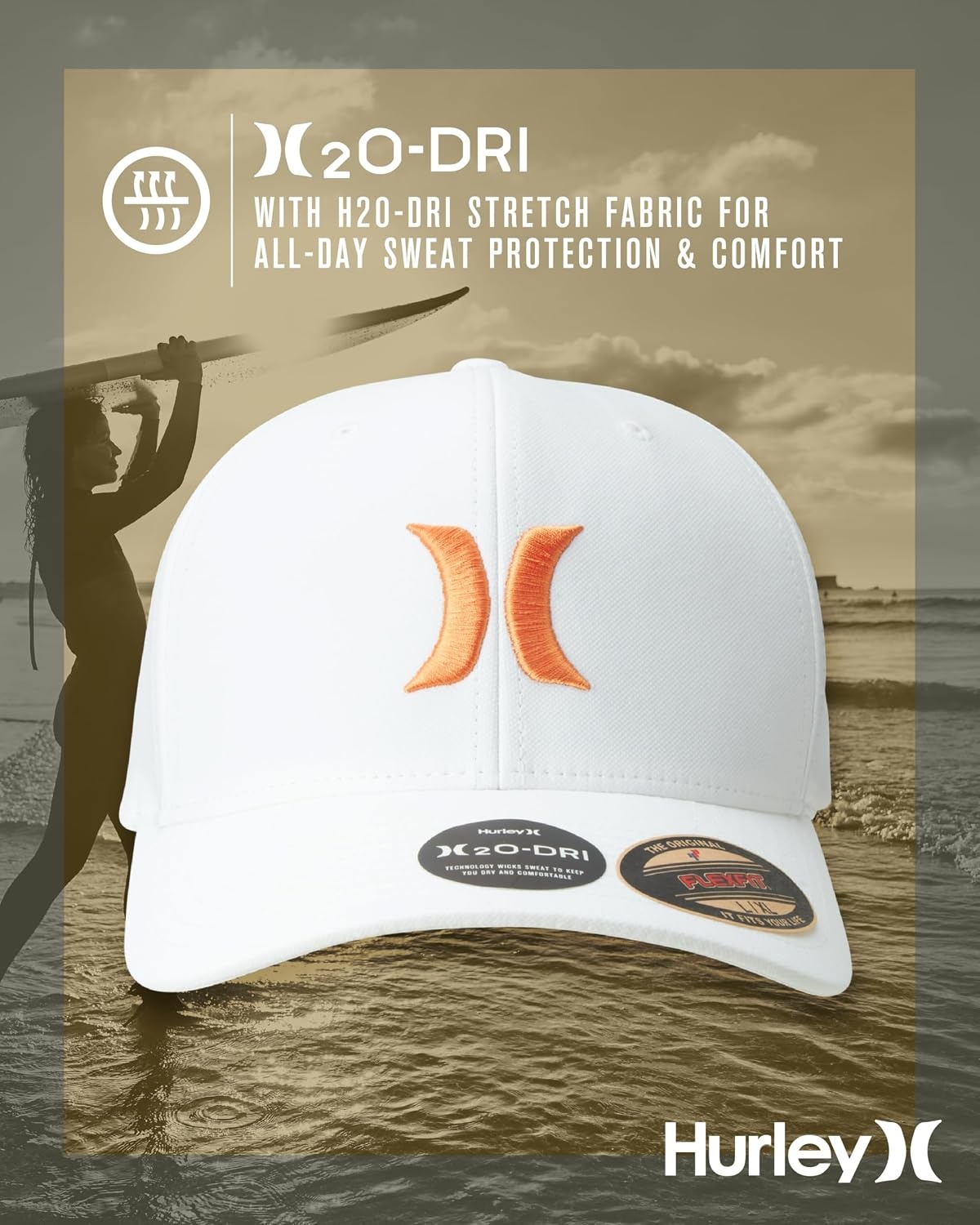 Hurley Mens Baseball Cap – Moisture Wicking Curved Brim Flexfit Fitted Hats for Men with H2O-Dri Sweatband (Sizes: S-XL)(Mantra Orange)