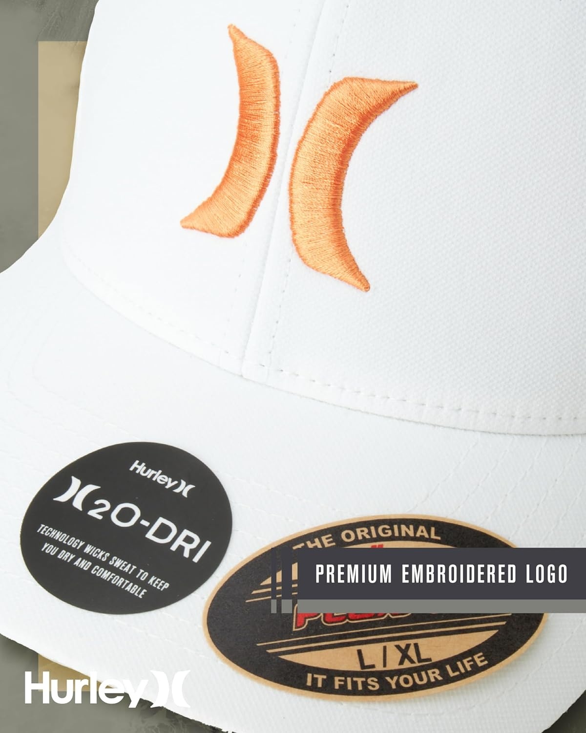 Hurley Mens Baseball Cap – Moisture Wicking Curved Brim Flexfit Fitted Hats for Men with H2O-Dri Sweatband (Sizes: S-XL)(Mantra Orange)