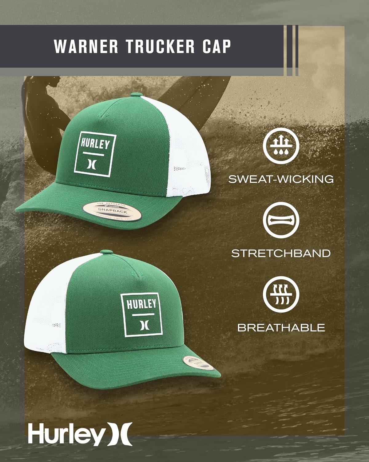 Hurley Mens Trucker Hat – Flexible Quick Dry Fairway Mesh Trucker Hat for Men with Snapback Closure – Classic Mens Caps(Dark Green)
