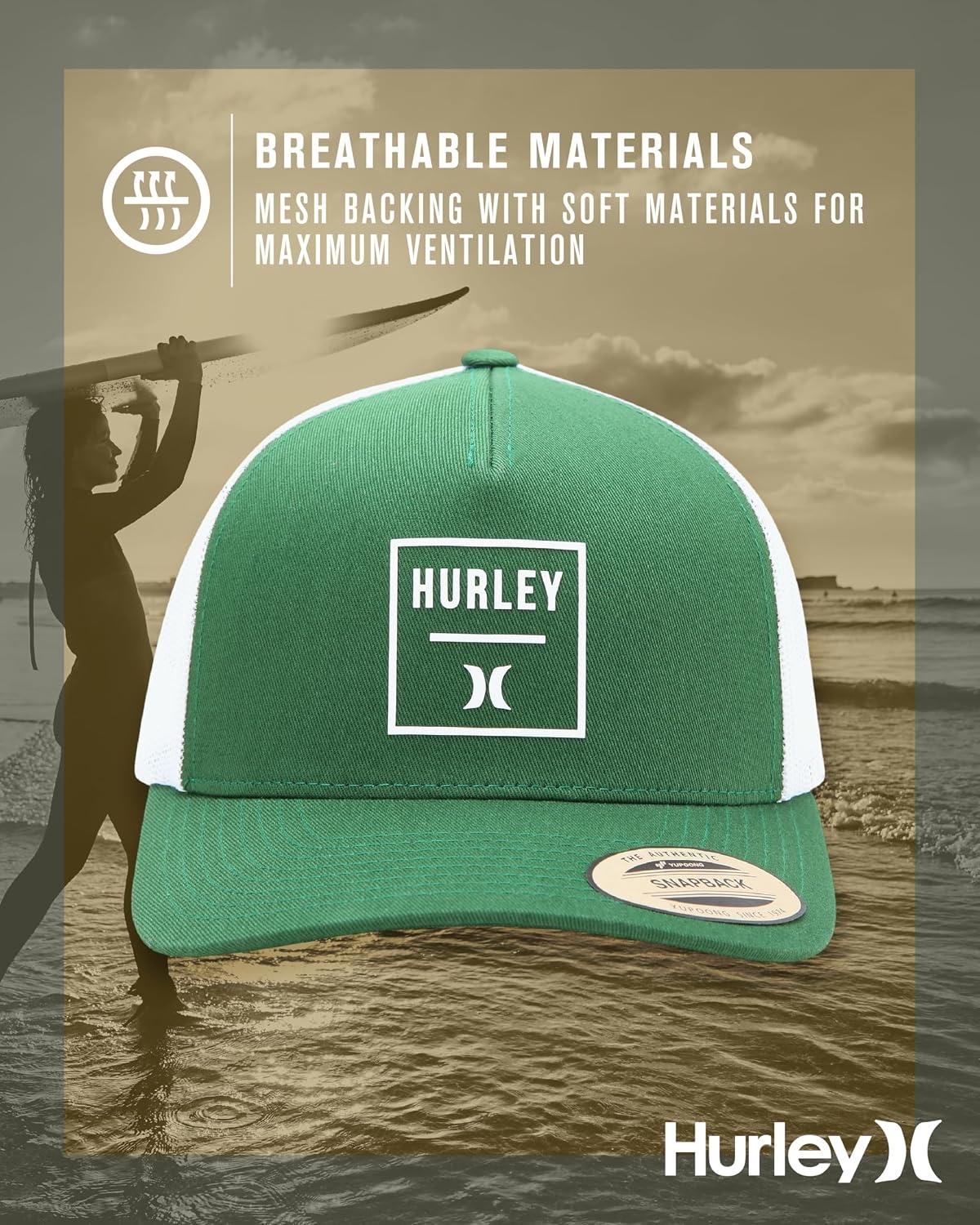 Hurley Mens Trucker Hat – Flexible Quick Dry Fairway Mesh Trucker Hat for Men with Snapback Closure – Classic Mens Caps(Dark Green)