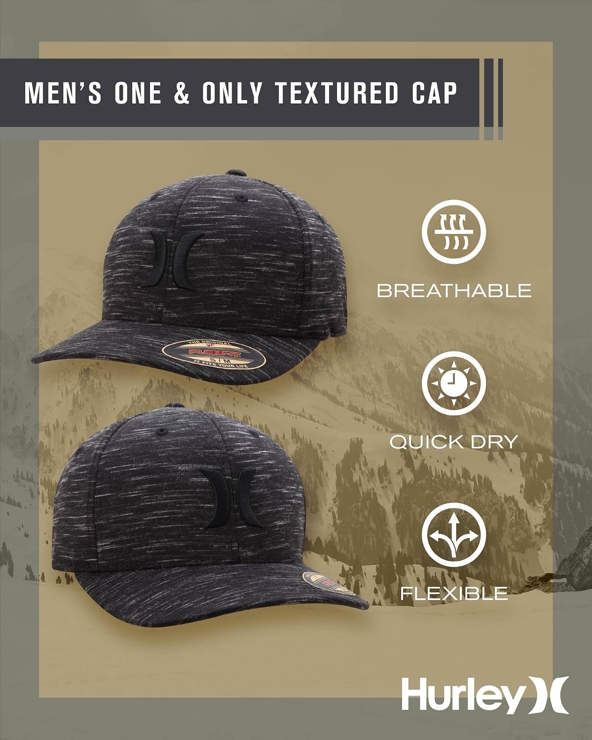 Hurley Men’s Caps – One & Only Flexfit Baseball Cap – Fitted Hats for Men (S-XL)(Black)