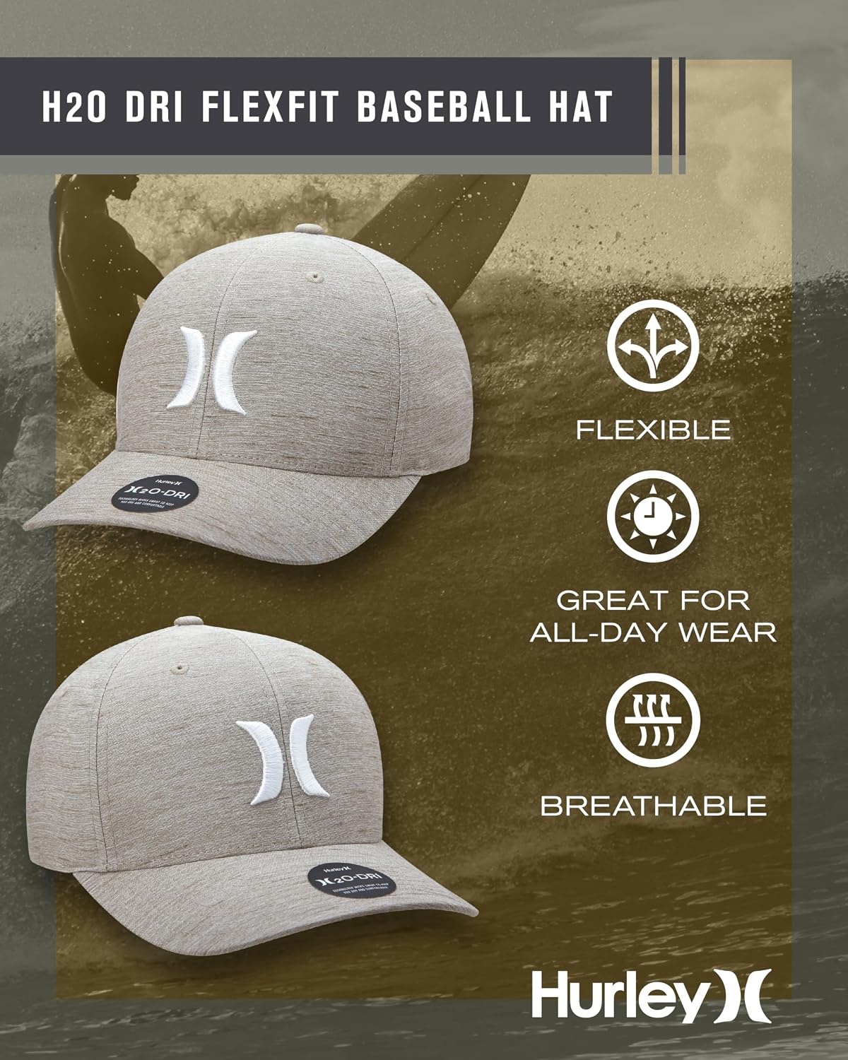 Hurley Mens Baseball Cap – Moisture Wicking Curved Brim Flexfit Fitted Hats for Men with H2O-Dri Sweatband (Sizes: S-XL)(Wheat)