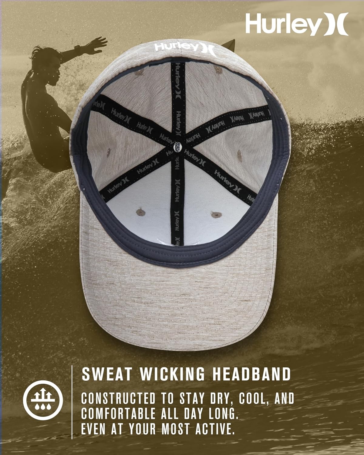 Hurley Mens Baseball Cap – Moisture Wicking Curved Brim Flexfit Fitted Hats for Men with H2O-Dri Sweatband (Sizes: S-XL)(Wheat)