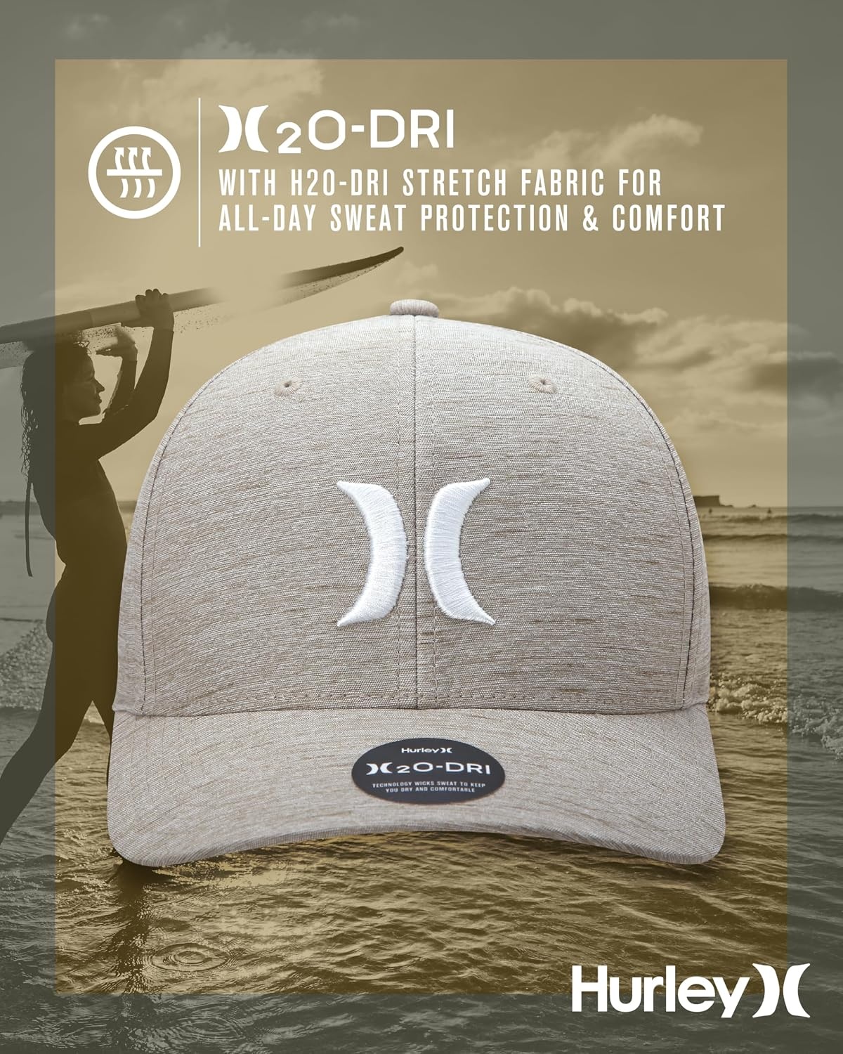 Hurley Mens Baseball Cap – Moisture Wicking Curved Brim Flexfit Fitted Hats for Men with H2O-Dri Sweatband (Sizes: S-XL)(Wheat)