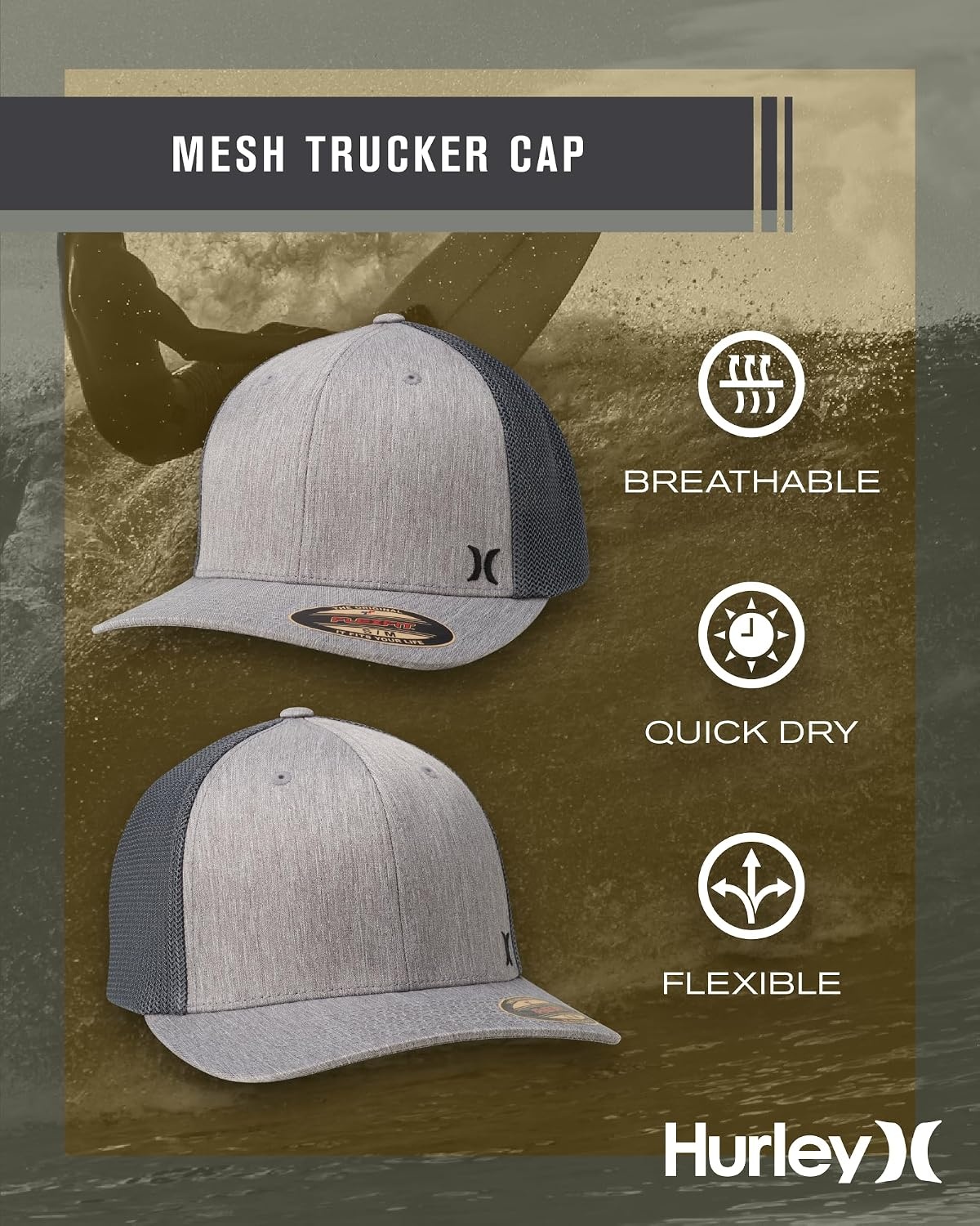 Hurley Men’s Caps – Mini Icon Mesh Panel Baseball Cap – Fitted Hats for Men(Grey Heather)