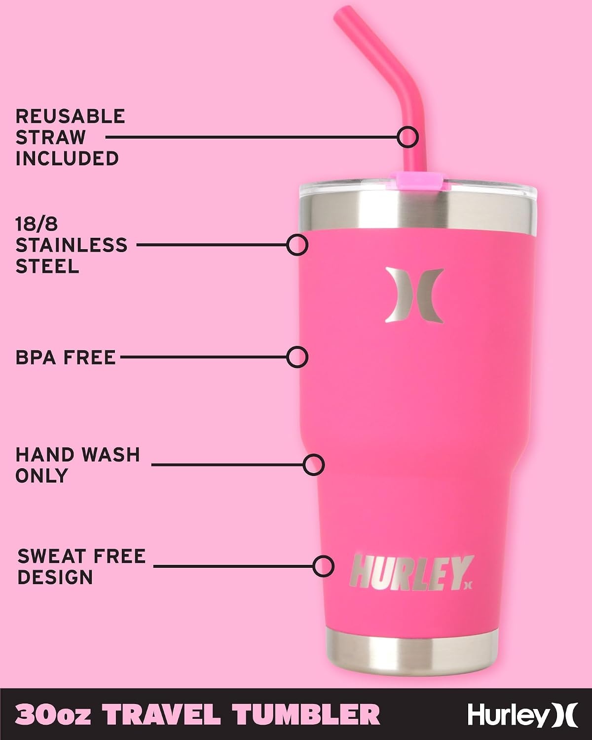 Hurley Tumbler Thermos – 30oz Double Wall Vacuum Insulated Travel Mug – BPA Free Stainless Steel Water Bottle – Leak Proof Hot and Cold Coffee Car Cup, Size 30 oz, Pink
