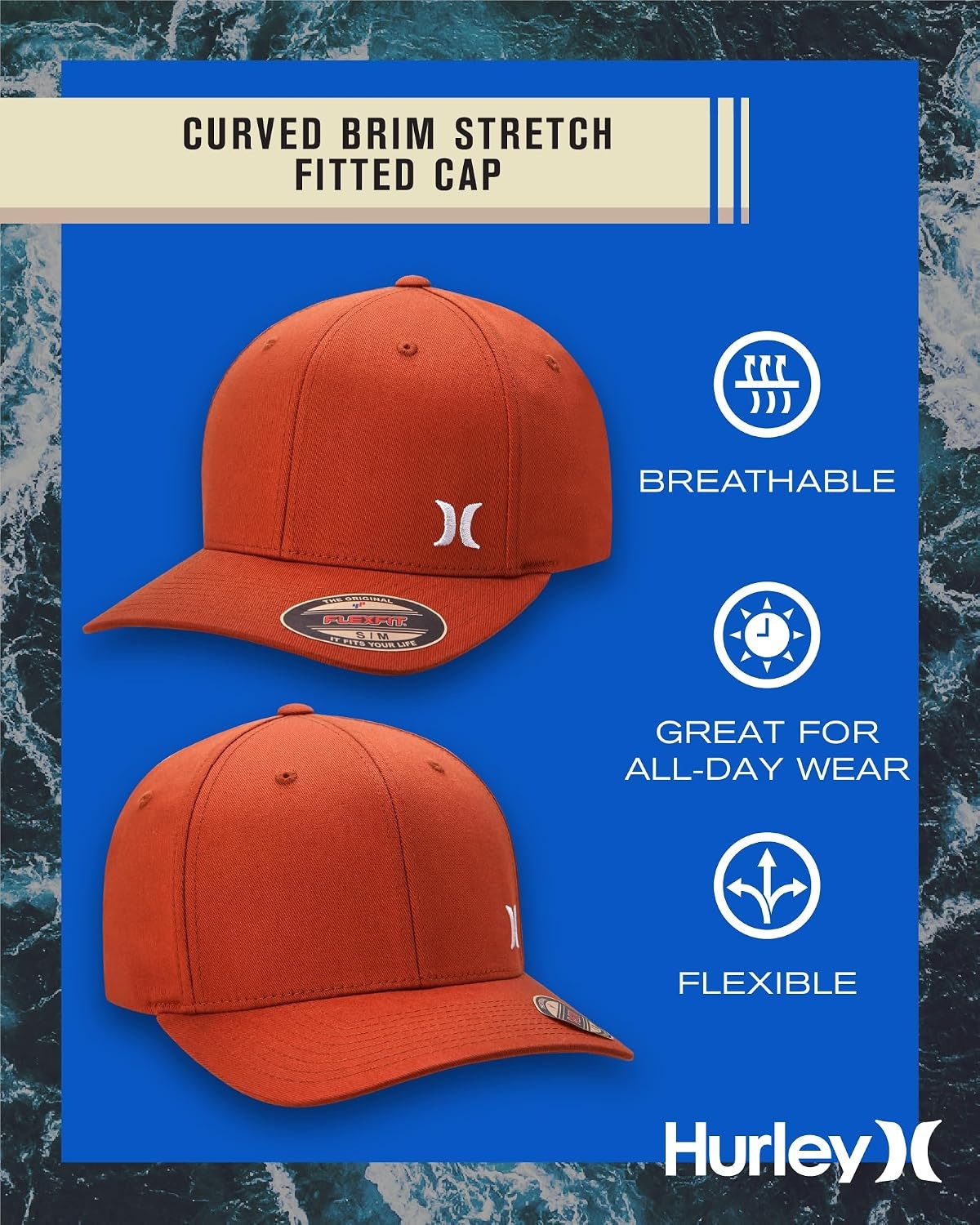 Hurley Men’s Hat – Curved Brim Stretch Fitted Cap(Magic Ember)