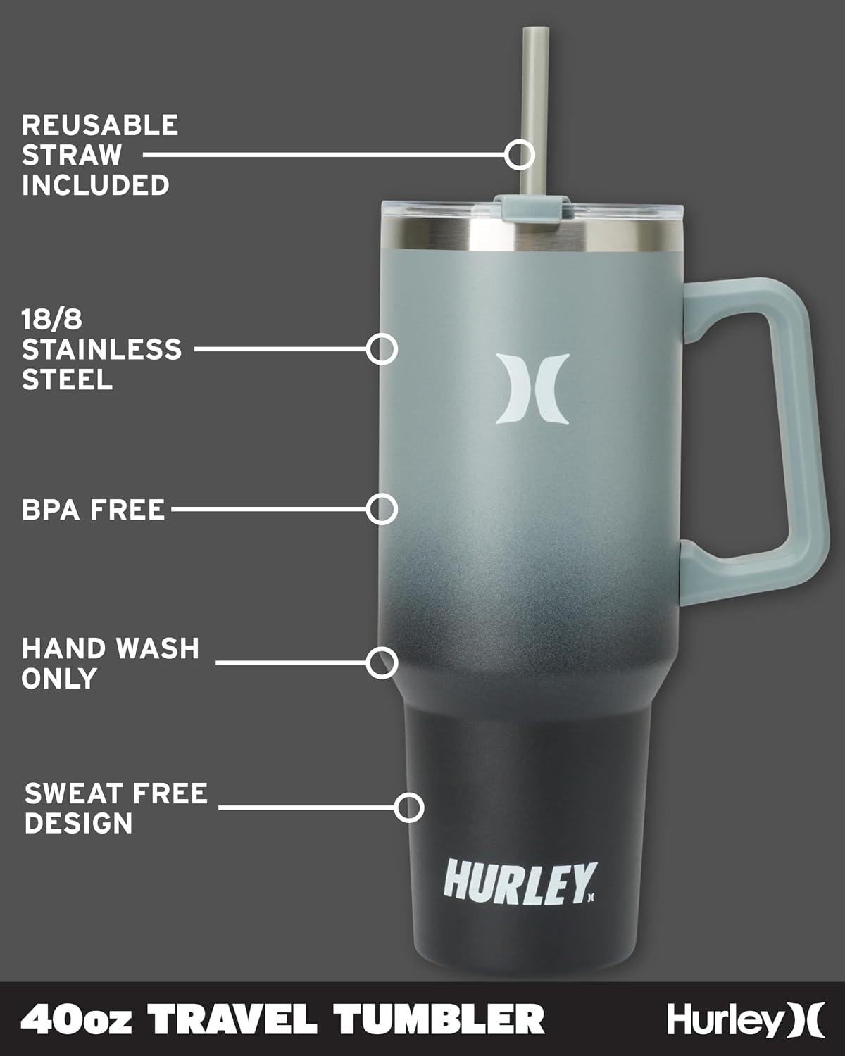 Hurley Tumbler Thermos – 40oz Double Wall Vacuum Insulated Travel Mug with Handle – BPA Free Stainless Steel Water Bottle – Leak Proof Hot and Cold Coffee Car Cup, Size 40 Ounces, Gradient Charcoal