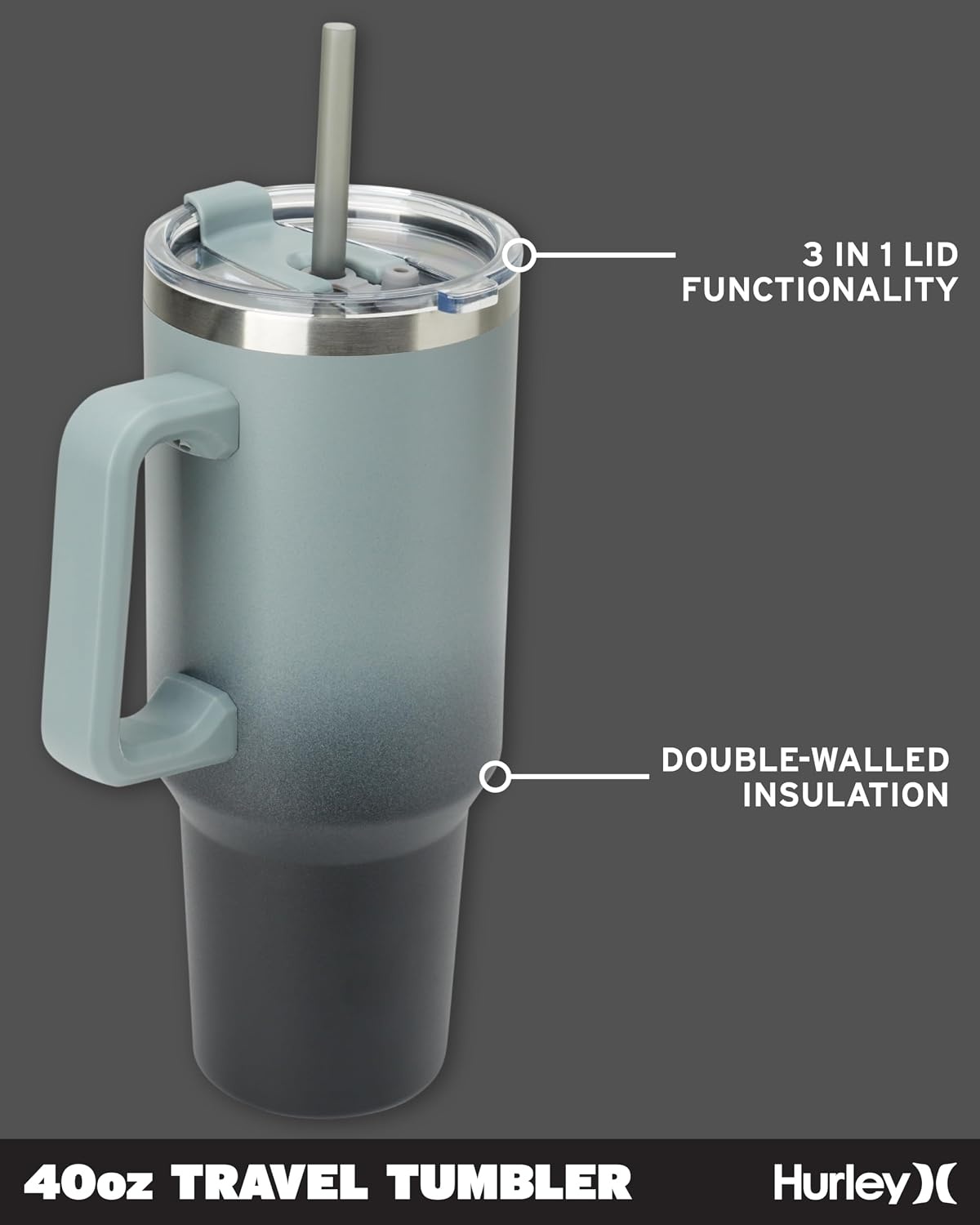 Hurley Tumbler Thermos – 40oz Double Wall Vacuum Insulated Travel Mug with Handle – BPA Free Stainless Steel Water Bottle – Leak Proof Hot and Cold Coffee Car Cup, Size 40 Ounces, Gradient Charcoal