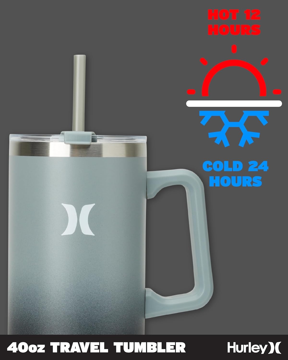 Hurley Tumbler Thermos – 40oz Double Wall Vacuum Insulated Travel Mug with Handle – BPA Free Stainless Steel Water Bottle – Leak Proof Hot and Cold Coffee Car Cup, Size 40 Ounces, Gradient Charcoal