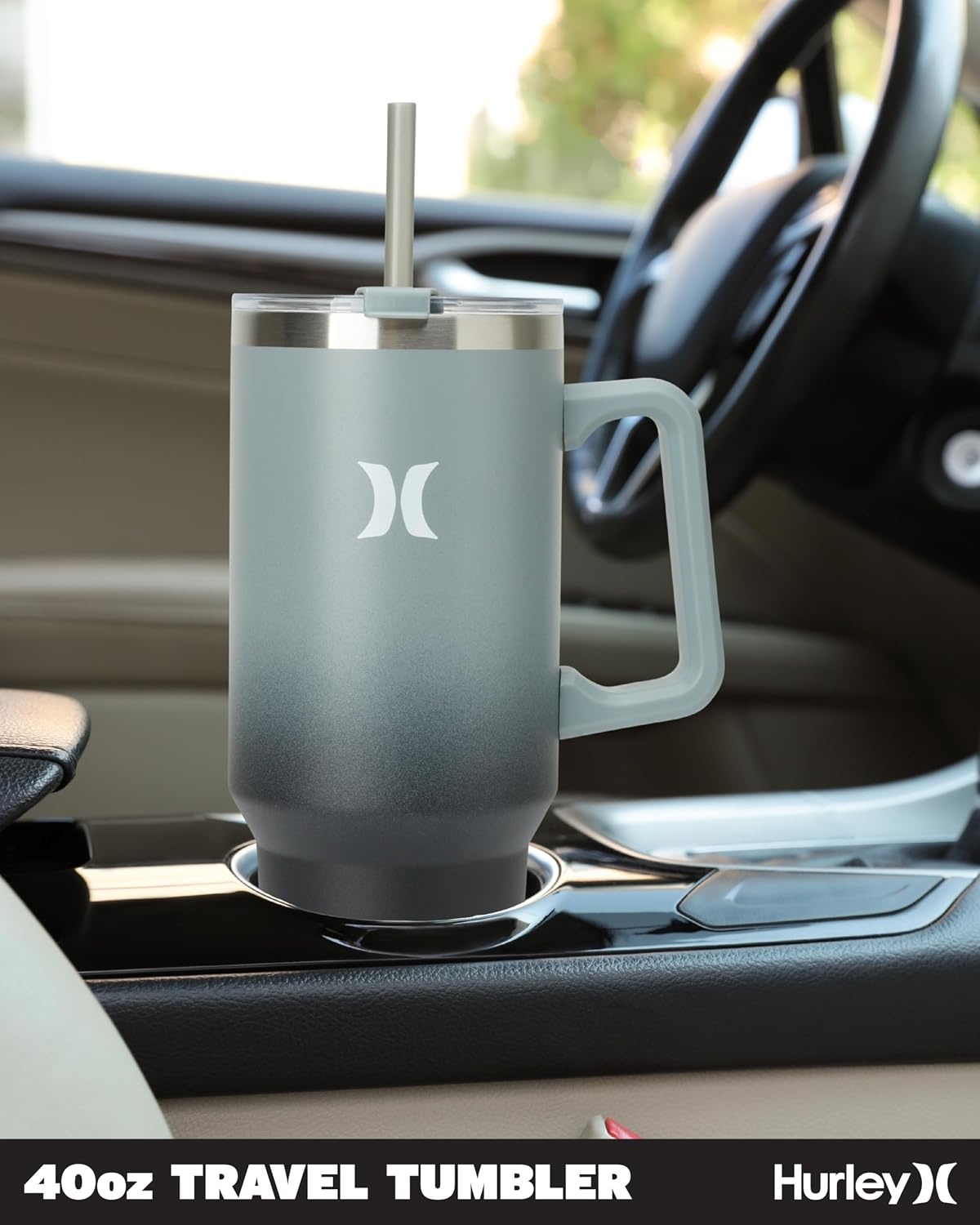 Hurley Tumbler Thermos – 40oz Double Wall Vacuum Insulated Travel Mug with Handle – BPA Free Stainless Steel Water Bottle – Leak Proof Hot and Cold Coffee Car Cup, Size 40 Ounces, Gradient Charcoal