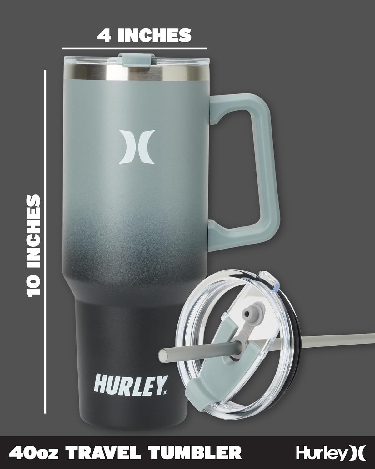 Hurley Tumbler Thermos – 40oz Double Wall Vacuum Insulated Travel Mug with Handle – BPA Free Stainless Steel Water Bottle – Leak Proof Hot and Cold Coffee Car Cup, Size 40 Ounces, Gradient Charcoal