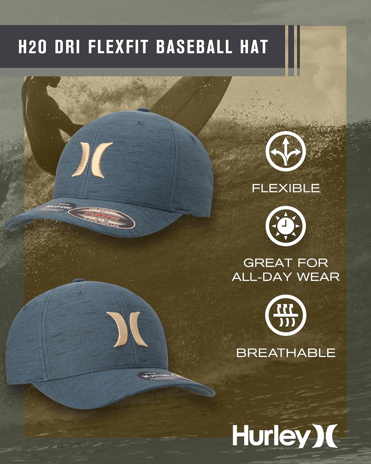Hurley Mens Baseball Cap – Moisture Wicking Curved Brim Flexfit Fitted Hats for Men with H2O-Dri Sweatband (Sizes: S-XL)(Spruce Fog)