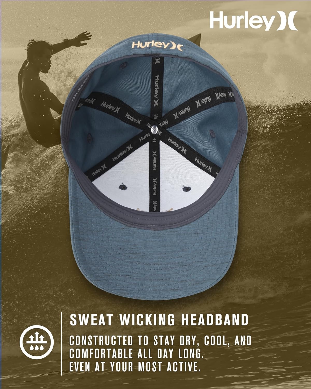 Hurley Mens Baseball Cap – Moisture Wicking Curved Brim Flexfit Fitted Hats for Men with H2O-Dri Sweatband (Sizes: S-XL)(Spruce Fog)