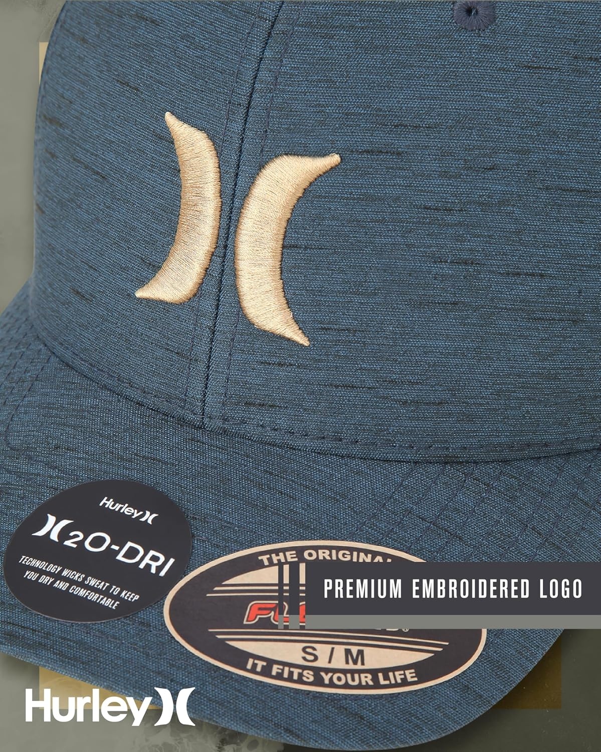 Hurley Mens Baseball Cap – Moisture Wicking Curved Brim Flexfit Fitted Hats for Men with H2O-Dri Sweatband (Sizes: S-XL)(Spruce Fog)