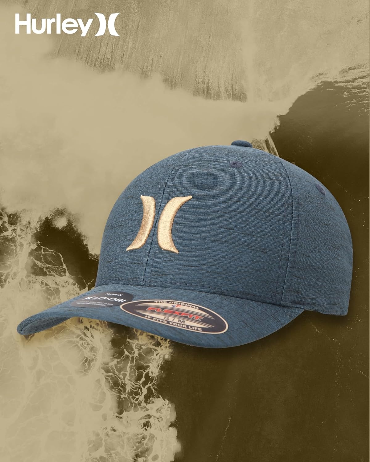Hurley Mens Baseball Cap – Moisture Wicking Curved Brim Flexfit Fitted Hats for Men with H2O-Dri Sweatband (Sizes: S-XL)(Spruce Fog)