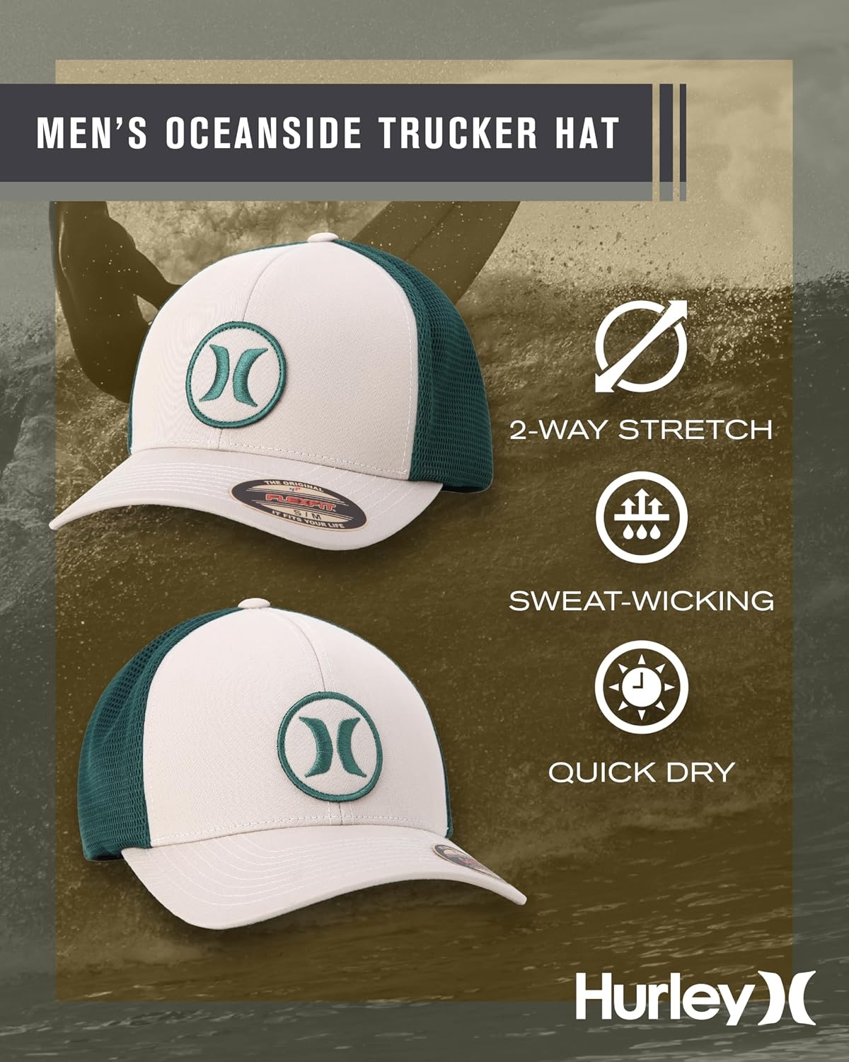 Hurley Mens Hat – Oceanside Flex Fitted Trucker Hat(Wheat)