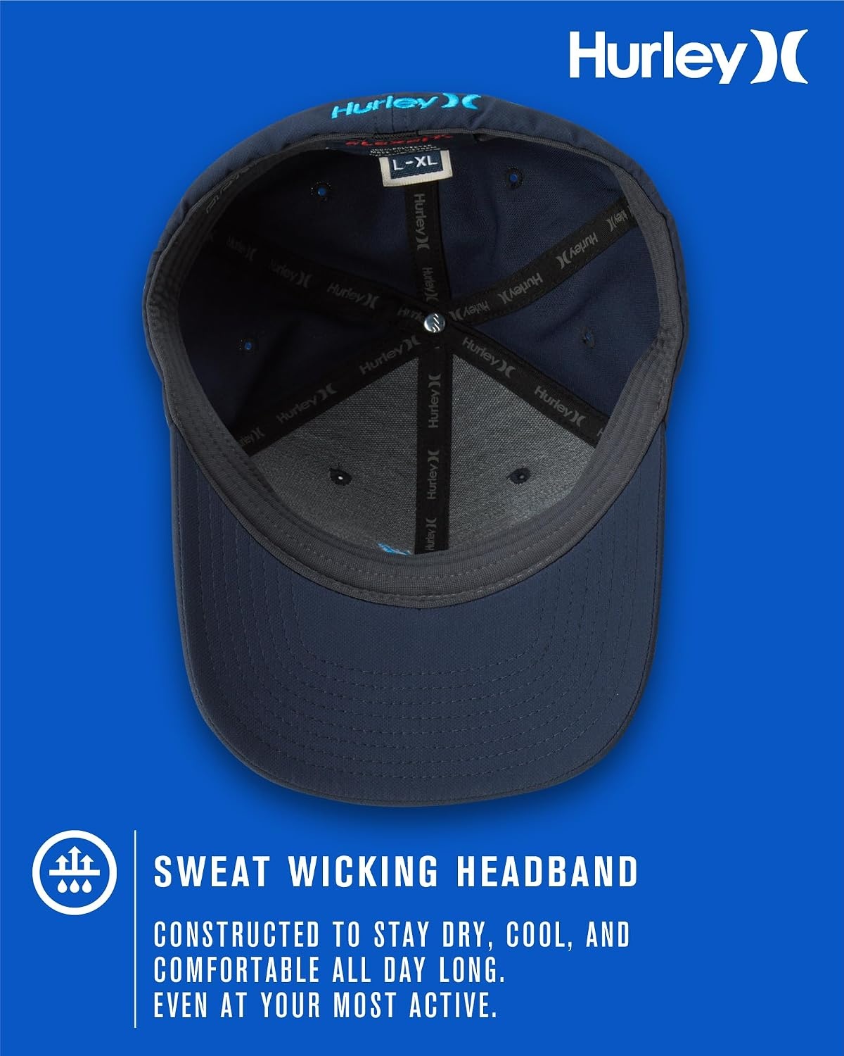Hurley Men’s Baseball Cap – Lightweight Curved Bill H2O Dri Fitted Caps for Men(University Blue)